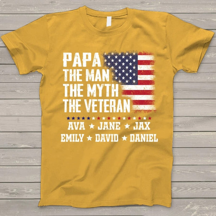 Personalized Shirt For Grandpa Papa The Man The Myth The Veteran Custom Grandkids Name Shirt USA Flag