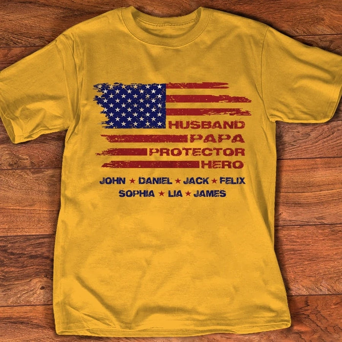 Personalized T-Shirt For Dad Husband Papa Protector Hero American Flag Shirt With Kids Name