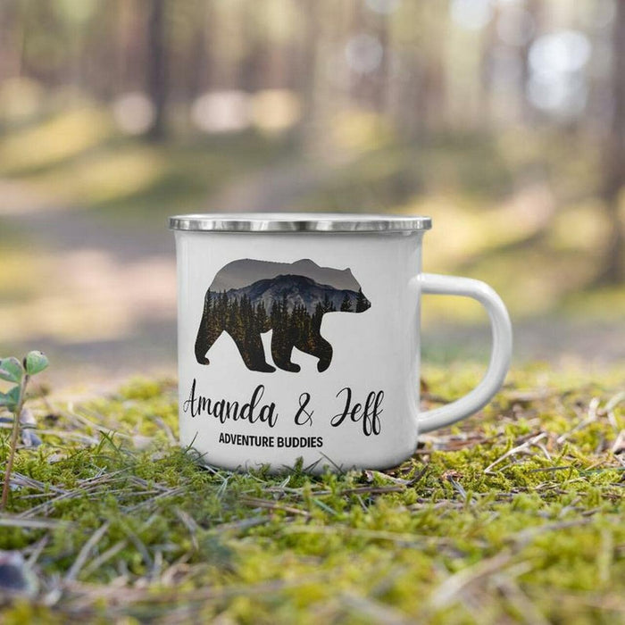 Personalized Camping Mug For Couple Adventure Buddies Bear Moutain Art Printed Custom Names 12oz Coffee Mug