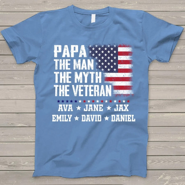 Personalized Shirt For Grandpa Papa The Man The Myth The Veteran Custom Grandkids Name Shirt USA Flag