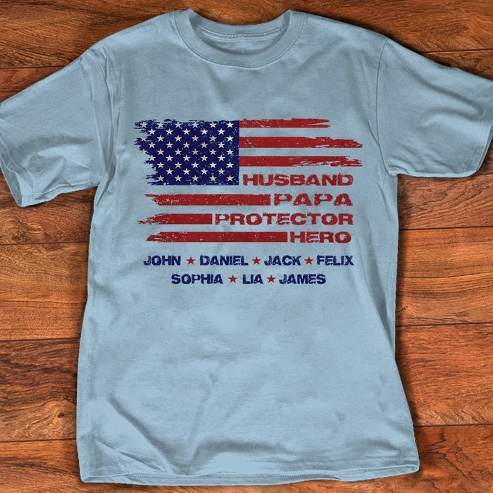 Personalized T-Shirt For Dad Husband Papa Protector Hero American Flag Shirt With Kids Name