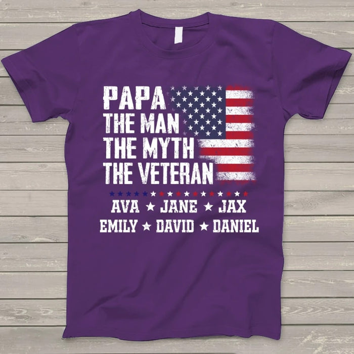 Personalized Shirt For Grandpa Papa The Man The Myth The Veteran Custom Grandkids Name Shirt USA Flag