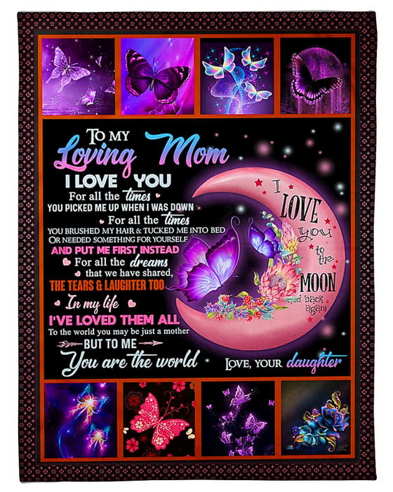 Personalized Fleece Blanket To My Mom Art Print Featured Butterflies The Moon Customized Blanket Gifts for Mothers Day Birthday