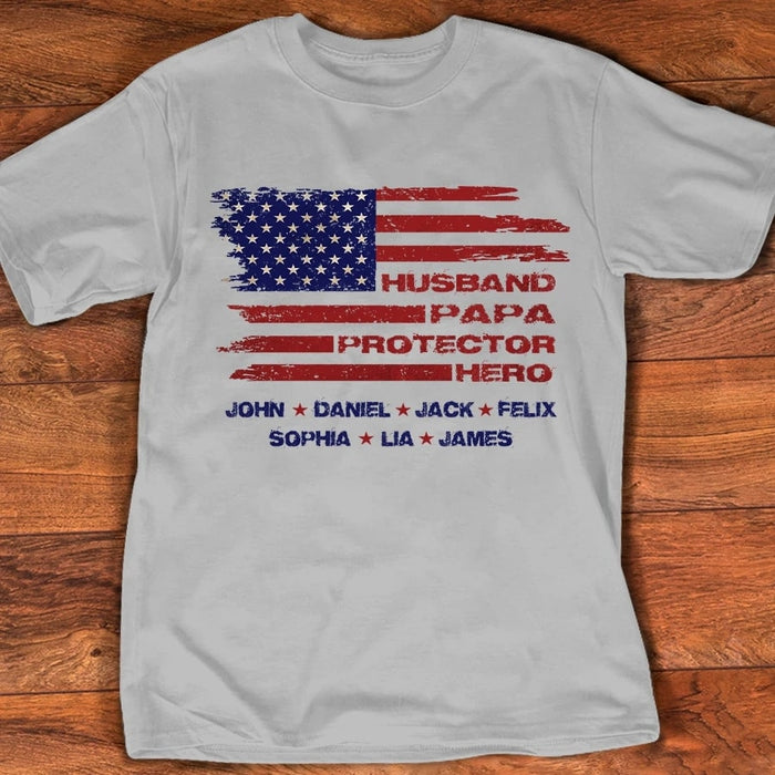 Personalized T-Shirt For Dad Husband Papa Protector Hero American Flag Shirt With Kids Name