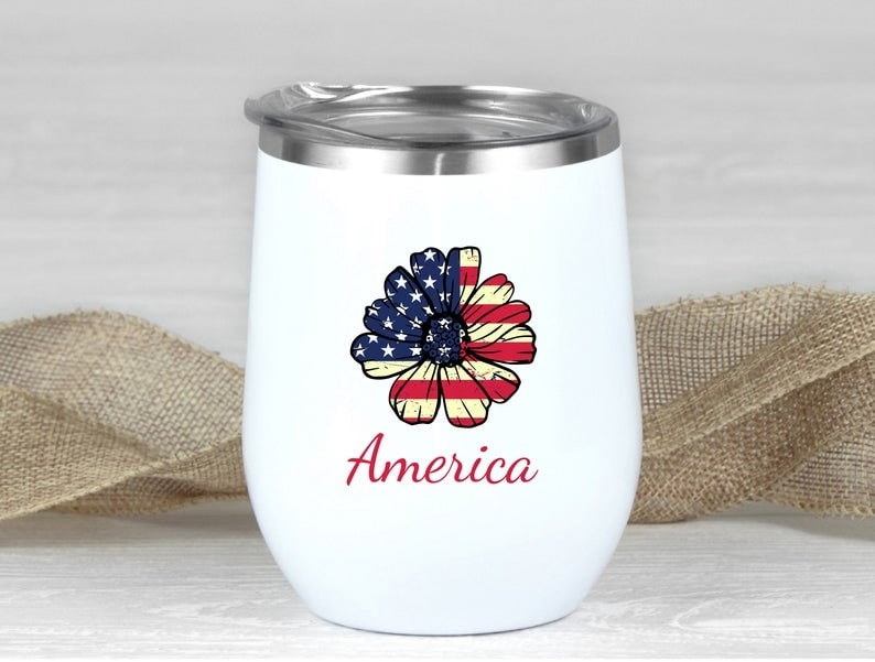 American Daisy Flower 4th Of July Favors 12oz Wine Tumbler Flag America Lover Cute USA Patriotic Travel Mug