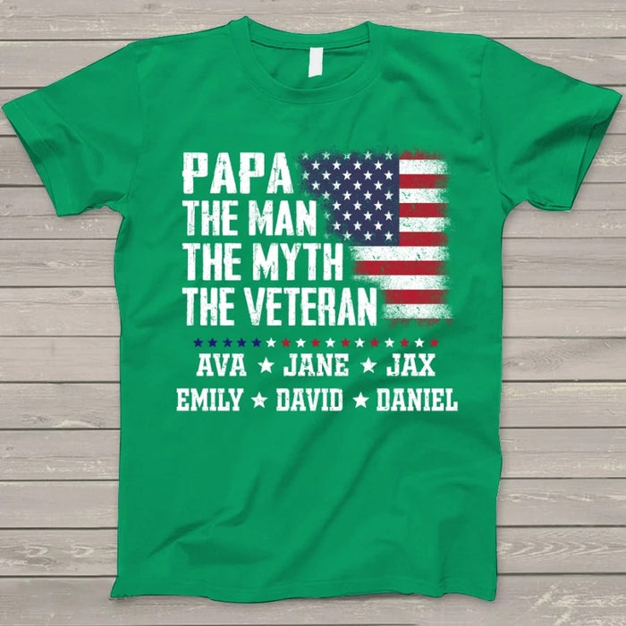 Personalized Shirt For Grandpa Papa The Man The Myth The Veteran Custom Grandkids Name Shirt USA Flag