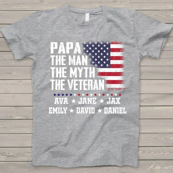 Personalized Shirt For Grandpa Papa The Man The Myth The Veteran Custom Grandkids Name Shirt USA Flag