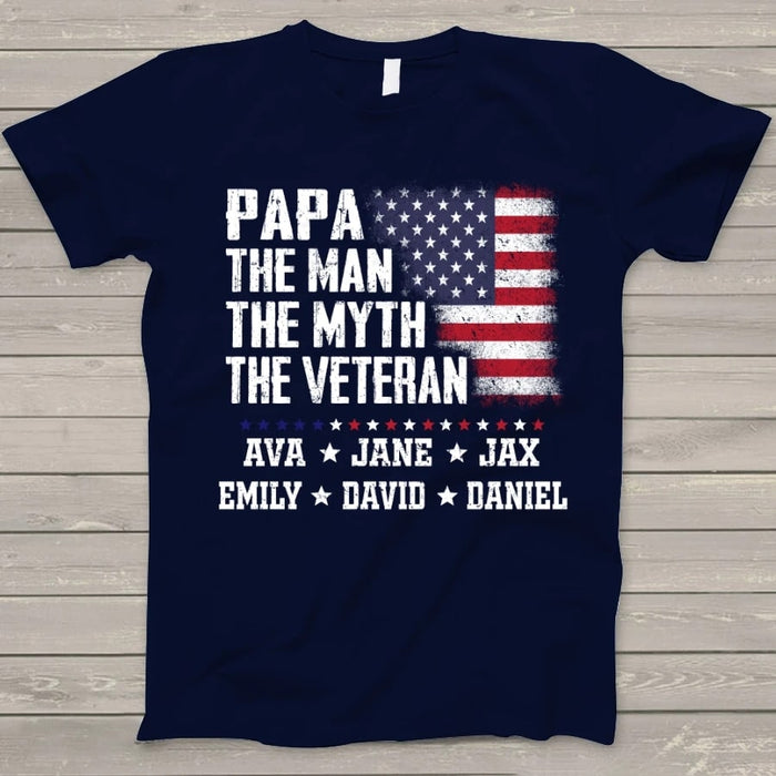 Personalized Shirt For Grandpa Papa The Man The Myth The Veteran Custom Grandkids Name Shirt USA Flag