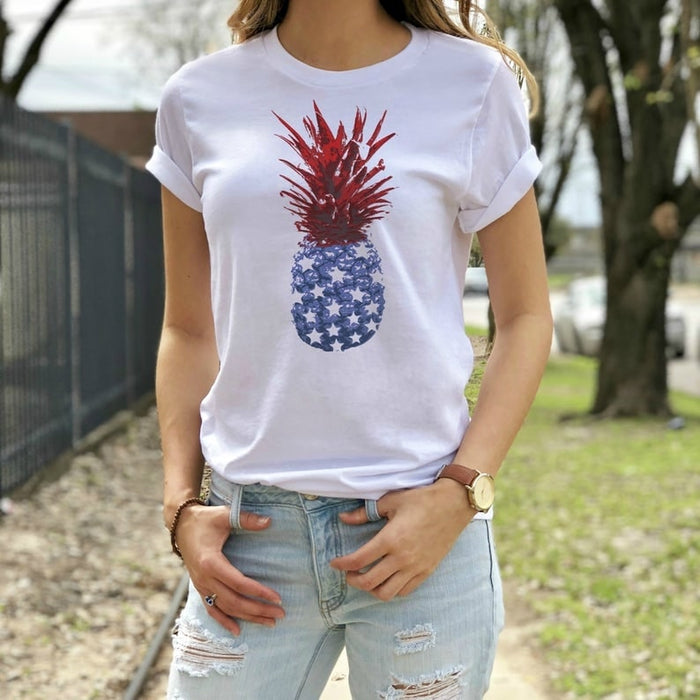 Classic T-Shirt For Women Red White and Blue Pineapple Shirt Patriotic Shirt For Fourth of July