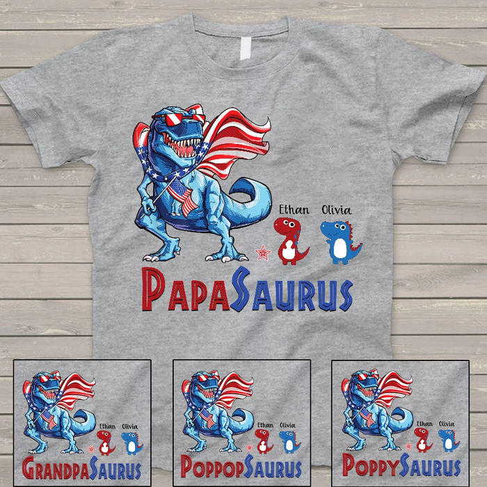 Personalized Tee Shirt For PapaSaurus Independence Day T-Shirt Custom Kids Name