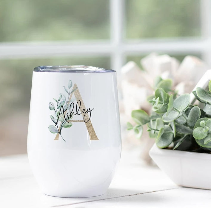Personalized Gold Monogram Eucalyptus Tumbler 12oz for Women Girl Funny Rustic Floral Travel Cup