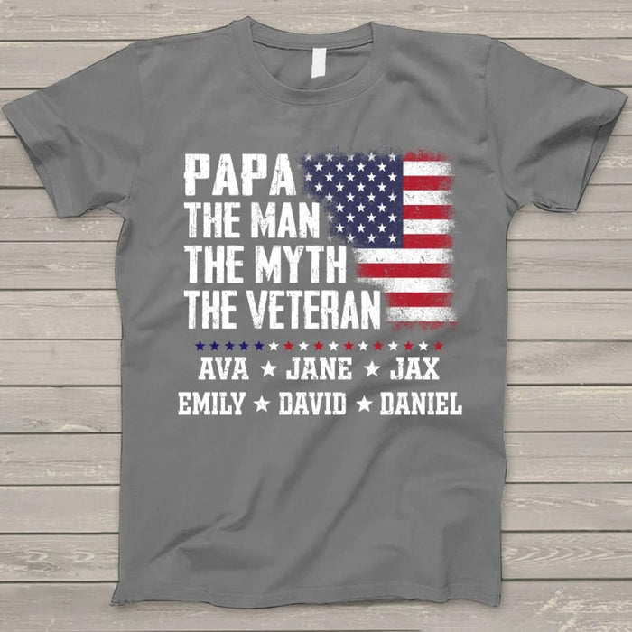 Personalized Shirt For Grandpa Papa The Man The Myth The Veteran Custom Grandkids Name Shirt USA Flag