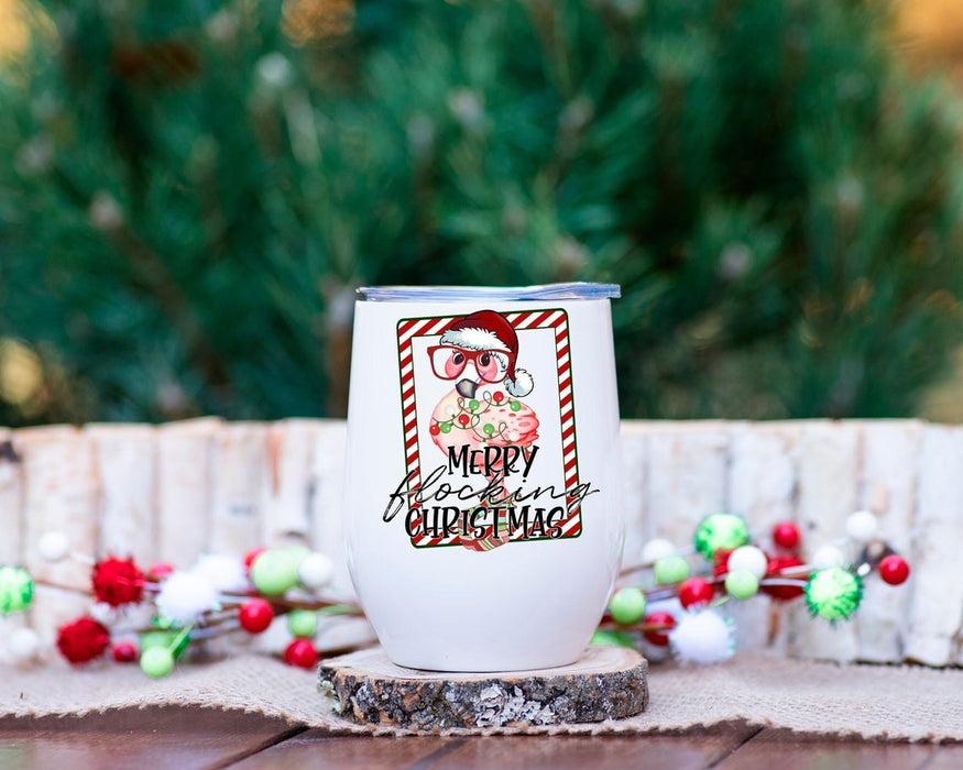 Merry Flocking Christmas Quotes Wine Tumbler With Lid 12Oz For Bestfriend Cute Noel Flamingo Art Cups