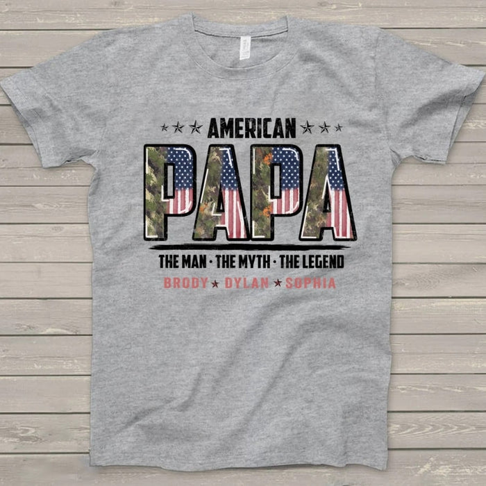 Personalized Shirt For Grandpa American Papa The Man The Myth The Legend Custom Grankids's Name Design Flag Shirt For Papa