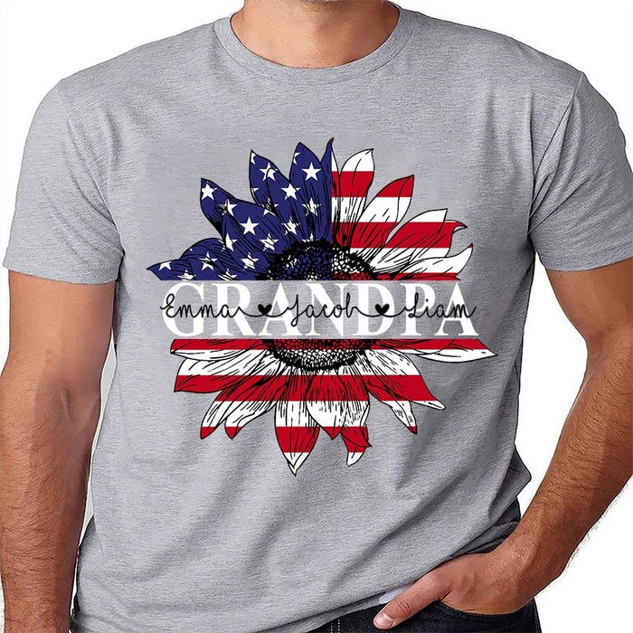Personalized Shirt For Father's Day Grandpa With Kids Name Sunflower American Flag For Papa