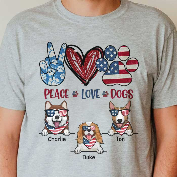 Personalized T-Shirt For Independence Day Peace Love Dogs Shirt Cute Puppy With Heart Paw Shirt US Flag Shirt