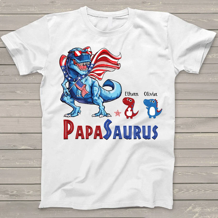 Personalized Tee Shirt For PapaSaurus Independence Day T-Shirt Custom Kids Name