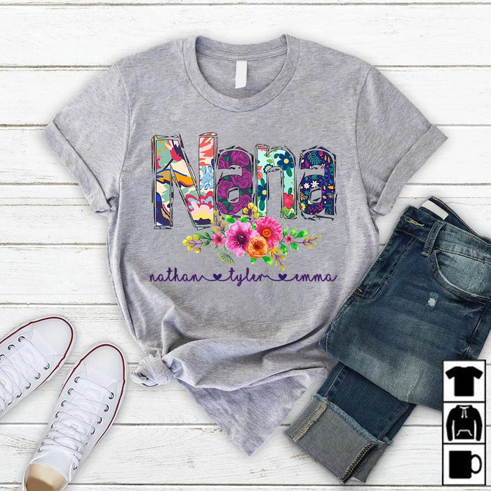 Personalized Tee Shirt For Grandma Nana Flower Art Print Shirt Custom Grandkids Name