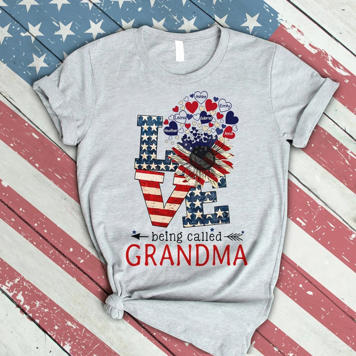 Personalized T-Shirt For Grandma Love Being Called Grandma Shirt Sunflower US Flag Art Printed Custom Grandkids Name