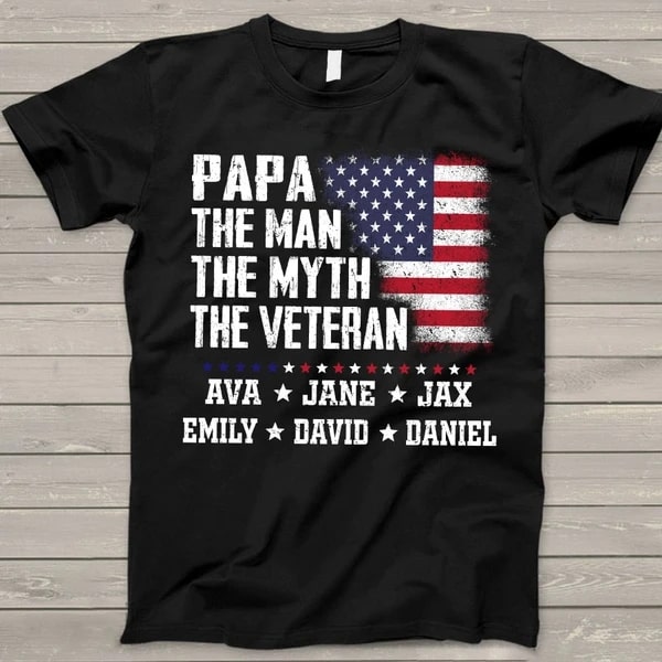 Personalized Shirt For Grandpa Papa The Man The Myth The Veteran Custom Grandkids Name Shirt USA Flag