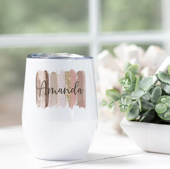 Personalized Brush Stroke Rose Gold Wine Tumbler 12oz for Women Girl Cute Glitter Watercolor Travel Mug