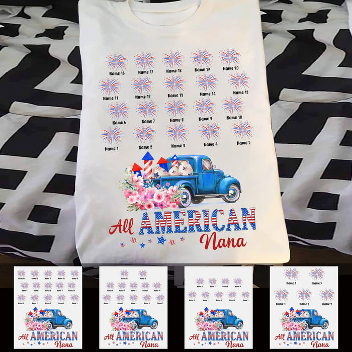Personalized Tee Shirt For Grandma All American Nana Shirt Firework Car USA Flag Shirt For Independence Day