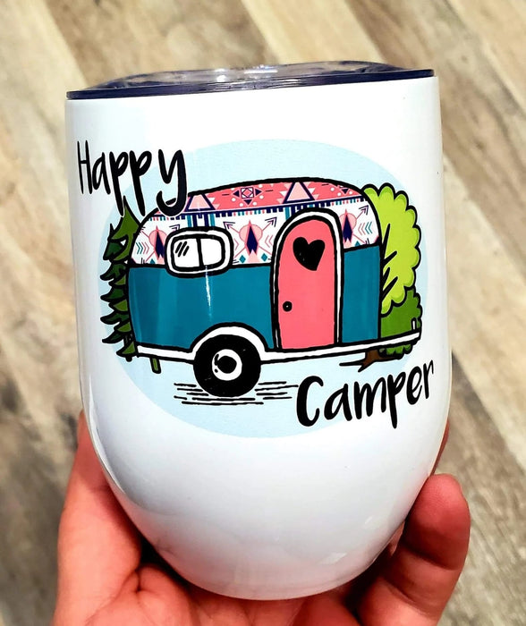 Happy Camper Wine Tumbler 12oz for Camp Lovers Cute Hippie Car and Tree Coffee Cup for Outdoor