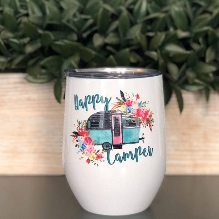 Happy Camper Wine Tumbler 12oz for Picnic Lovers Cute Rustic Floral Coffee Cup for Women Girl