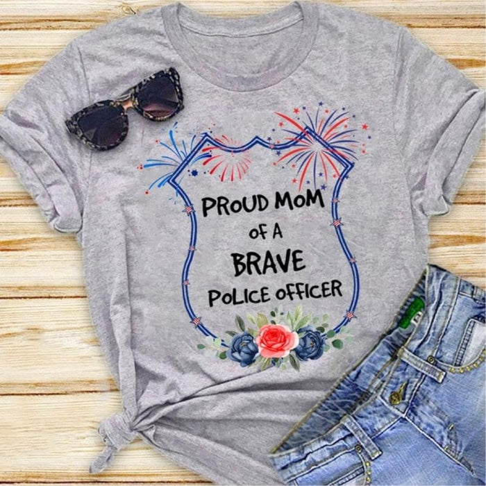 T Shirt For Mother Proud Mom Of A Brave Police Officer Shirt Fireworks USA Flag