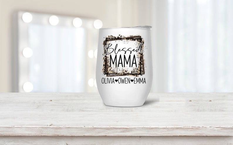 Personalized Leopard Blessed Mama With Kids Name Wine Tumbler 12oz Gifts For Grandma