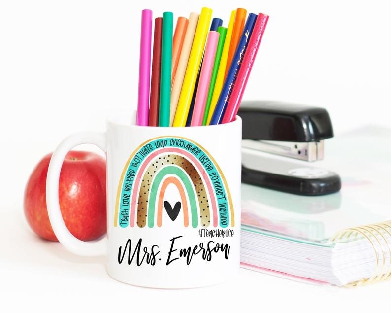 Personalized Coffee Mug For Teacher Teach Love Inspire With Hashtag Teacherlife Custom Name Rainbow Printed 11oz 15oz Mug