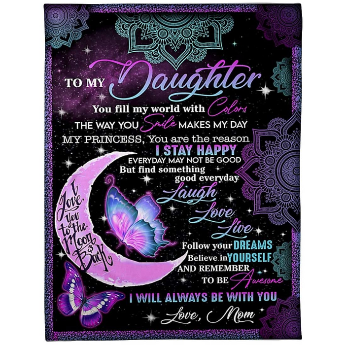 Personalized Fleece Blanket For Daughter Art Print Butterflies And Moon Sweet And Warm Quote For Daughter Customized Blanket Gift For Birthday