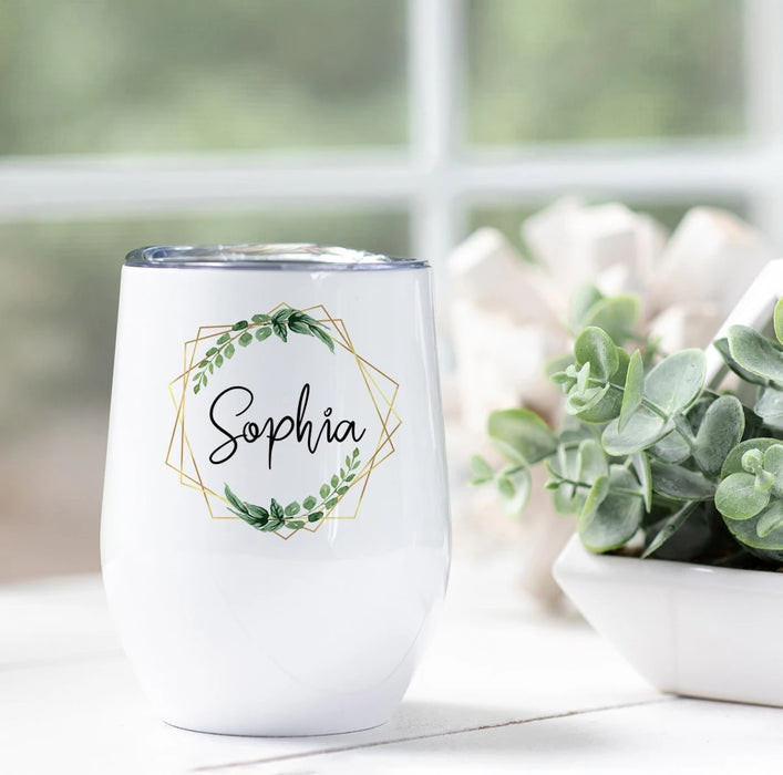 Personalized Wine Tumbler For Women Gold Frame Eucalyptus Custom Name 12oz White Tumbler With Lid