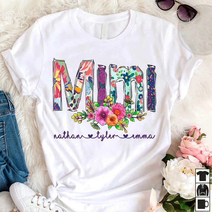 Personalized Tee Shirt For Grandma Nana Flower Art Print Shirt Custom Grandkids Name