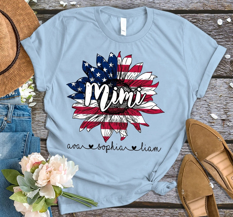 Personalized Grandma T-shirt Sunflower USA Flag Grandma with Grandkids Name Shirt Gifts For Independence Day