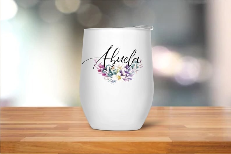 Personalized Name 12oz Wine Glass For Mom Grandma Funny Floral Wine Tumbler Gifts For Nana Abuela