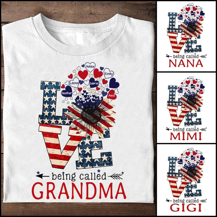 Personalized T-Shirt For Grandma Love Being Called Grandma Shirt Sunflower US Flag Art Printed Custom Grandkids Name