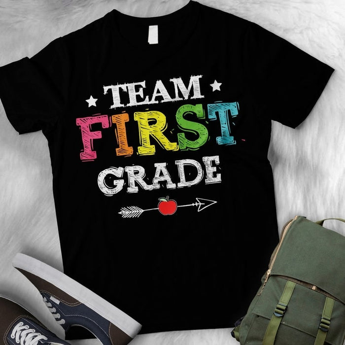 Personalized T-Shirt For Kids Team First Grade With Apple And Arrow Printed Custom Grade Level Back To School Shirt
