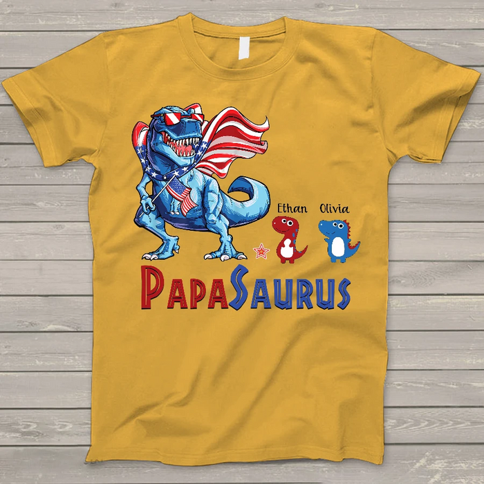 Personalized Tee Shirt For PapaSaurus Independence Day T-Shirt Custom Kids Name