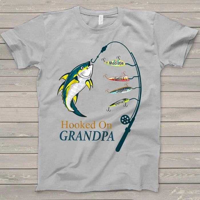 Personalized Shirt For Grandpa Hooked On Grandpa Shirt With Grandkid's Name Fishing Dad Shirt