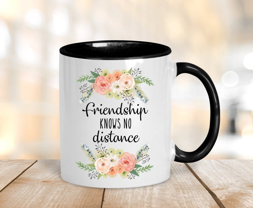 Personalized Accent Mugs For Friends Friendship Knows No Distance Mug Custom Name And Location 11oz Floral Ceramic Coffee Mug