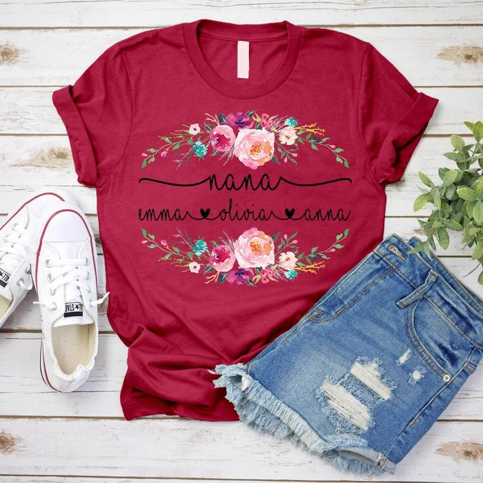 Personalized T-Shirt For Grandma Nana Flower Shirt Custom Kids Name Cute Design Printed
