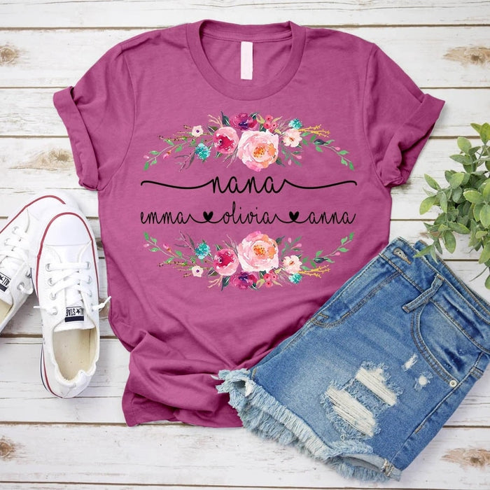 Personalized T-Shirt For Grandma Nana Flower Shirt Custom Kids Name Cute Design Printed