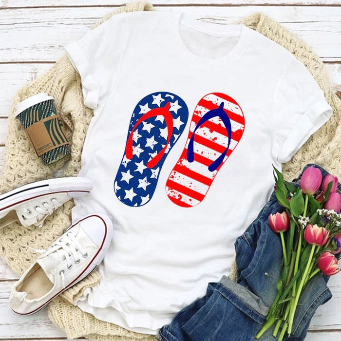 Classic T-Shirt For Women American Slippers Shirt US Flag Art Printed Shirt For Independence Day