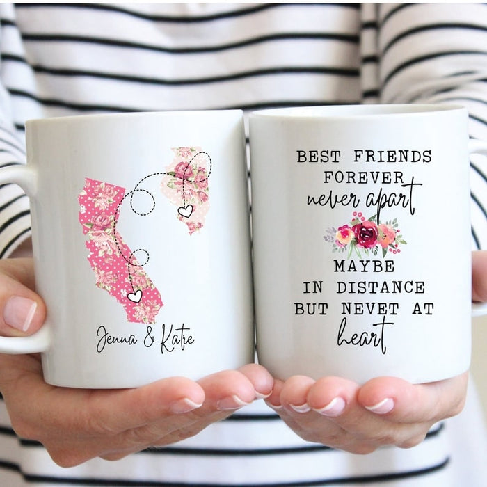 Personalized Coffee Mugs For Friends Best Friends Forever Never Apart Custom Name And Location 11oz 15oz Floral Mug