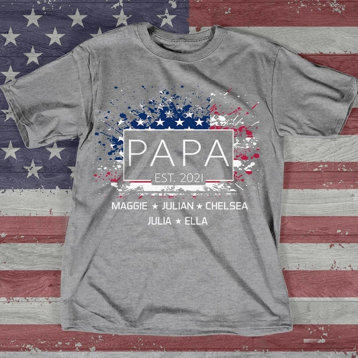 Personalized Shirt For Grandpa Papa Custom Date With Kids Name Design Print Flag Shirt For Father's Day