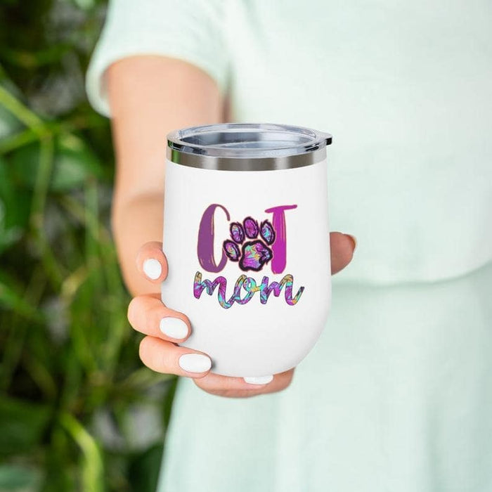 Hippie Cat Mom Wine Tumbler 12oz For Women Girl Funny Pink Paw Print Travel Coffee Mug for Mother Wife