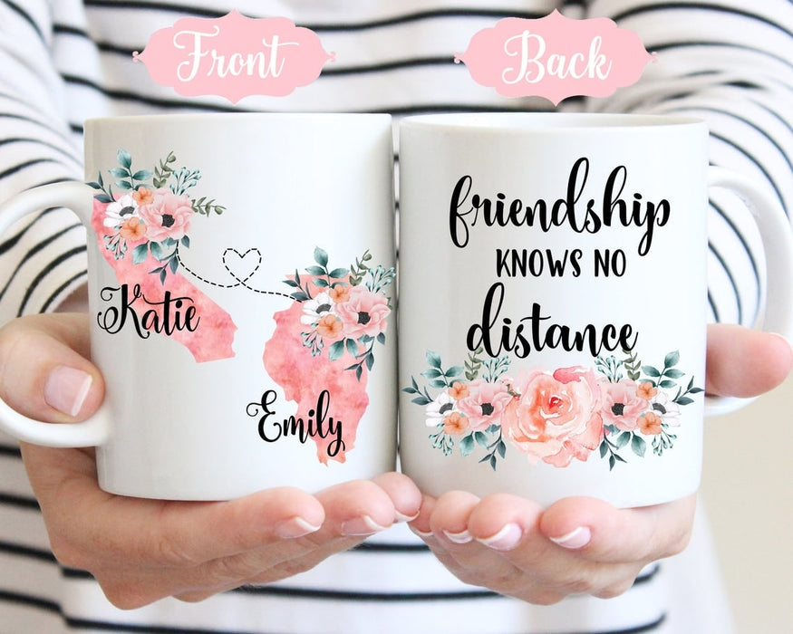 Personalized Accent Mugs For Bestie Friendship Know No Distance Custom Name And Location 11oz 15oz Floral Mug