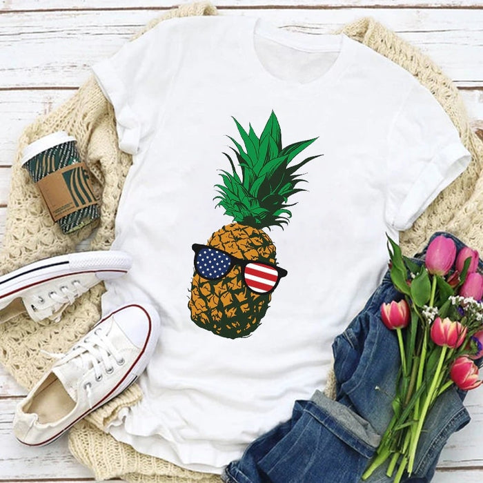 Classic T-Shirt For Women American Pineapple With Glasses Shirt US Flag Art Printed Shirt For Independence Day