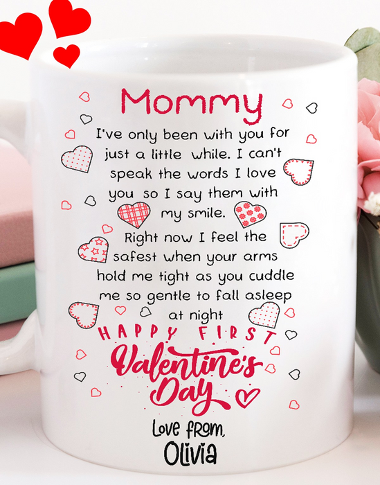 Personalized Coffee Mug For Mommy Gifts for Mom from Daughter, Son Happy First Valentines Day Customized Mug Gifts For Mothers Day 11Oz 15Oz Ceramic Coffee Mug
